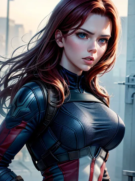 4k, best quality, (raw photo, best quality), (realistic, photorealistic photo: 1.3), best quality, Highly detailed, artwork, ultra detailed, illustration, Marvel cinematic universe, Marvel, Captain America + Widows unique combination Black, Scarlett Johans...