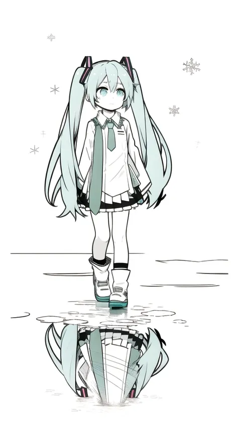 best quality, chibi, 1 girl,  miku, hatsune miku, (full body), pure white background,vivid,clearly,sad face,rain,walking,snow