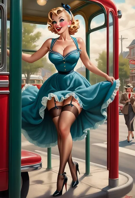 Transport yourself to a retro bus stop scene from the 1950s, where a glamorous pin-up girl finds herself in a playful predicament. The image captures a moment where the pin-up girl, adorned in a chic polka-dot dress, stockings with suspenders (straps), and...