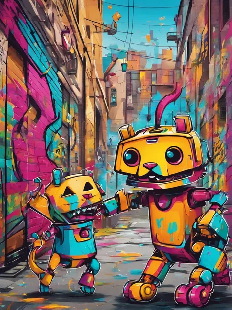 Funny image of colorful dog and cat robots dancing happily