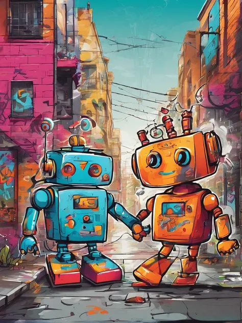 Funny image of colorful dog and cat robots dancing happily