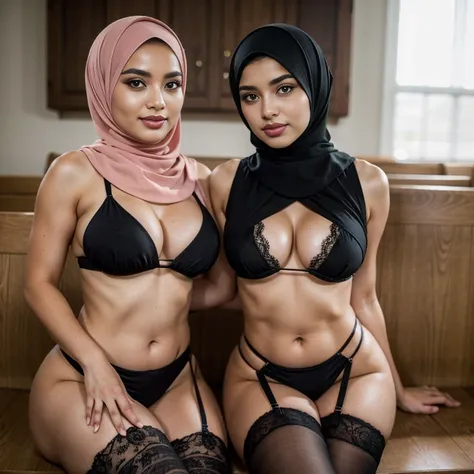 In the intimate settings of empty office church, two voluptuous sexually attractive hourglass figure depraved cute baby faces tween teen caucasian (hijabi) (Muslim) 14-years-old schoolgirls  sit side by side on a wooden bench, radiating lust and sexual des...