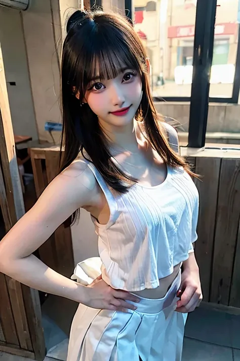 An innocent 20-year-old girl、((White tank top, Dramatic Pose)),smile,shortcut,natural Park、RAW Photos, (8k、highest quality、masterpiece:1.2)、(Intricate details:1.4)、(Photorealistic:1.4)、Octane Rendering、Complex 3D rendering with ultra-detail, Studio Soft Li...