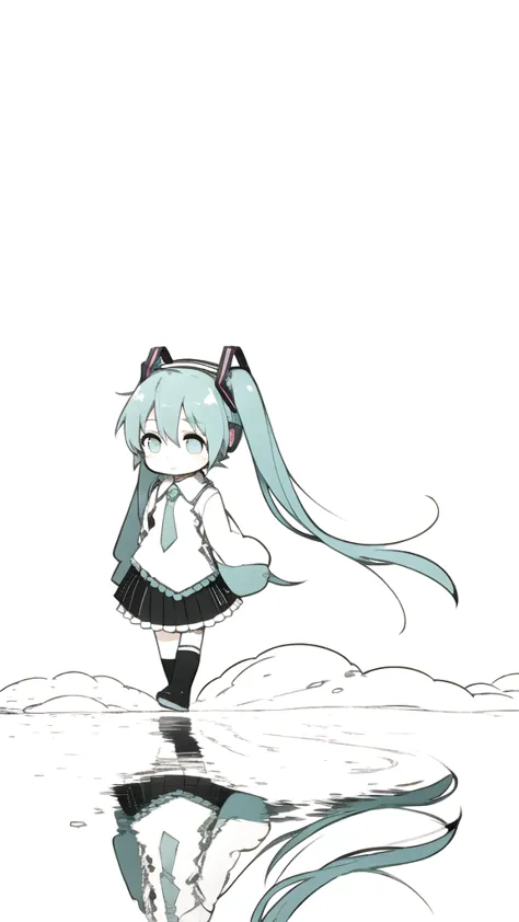 best quality, chibi, 1 girl,  miku, hatsune miku, (full body), pure white background,vivid,clearly,sad face,rain,walking,snow