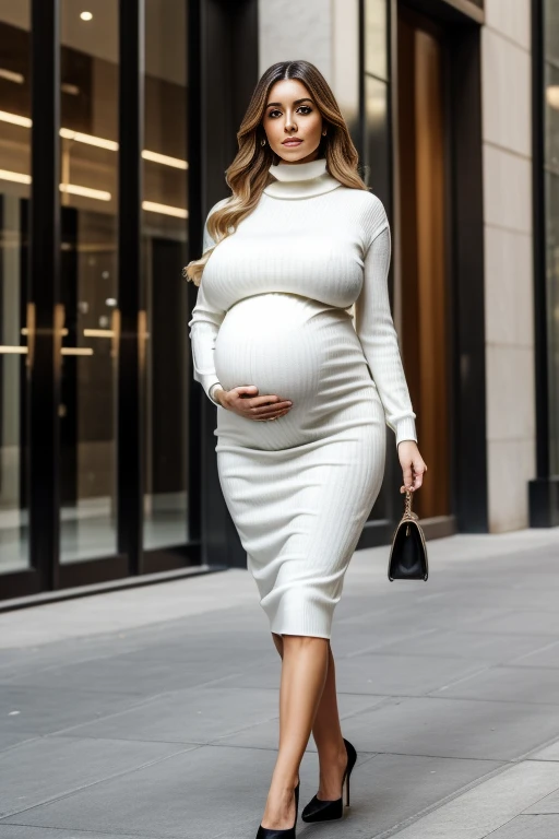 fine art portrait of a very elegant 30yo business lady, elegant and conservative clothes, wearing a lose white turtleneck sweater, a oversized coat, very long business skirt, high heels, walking along the street in a modern city center, highest quality, se...