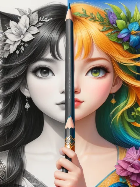 1hbgd1, (The left half of the face is a black and white pencil drawing of Soren, The right half is the colored pencil Ptolemy:1.25), excellent quality, Detailed background, The art of math, Double-edged sword, (The artwork should transition from a pencil d...