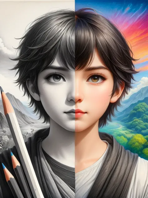 1hbgd1, (the left half of the face is a black and white pencil drawing of soren, the right half is the colored pencil ptolemy:1....