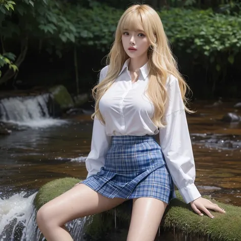 Busty women，blunt bangs，Thighs，Blonde Hair，Voluminous long hair that reaches down to the waist，Wavy long hair，Wet Hair，looking at the camera，Blue tartan skirt，The white shirt is wet and the underwear is visible，