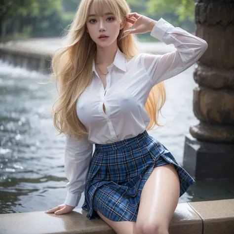 Busty women，blunt bangs，Thighs，Blonde Hair，Voluminous long hair that reaches down to the waist，Wavy long hair，Wet Hair，looking at the camera，Blue tartan skirt，The white shirt is wet and the underwear is visible，