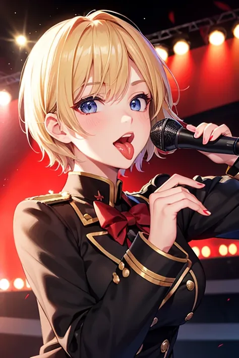 1lady,solo,idol,uniform,in stage,sing,have a mic,cute,blond hair,short hair, long tongue,Sticking out your tongue and open your mouth,face focus,red lips,provocation