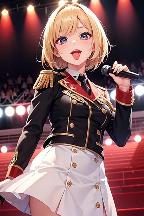 1lady,solo,idol,uniform,in stage,sing,have a mic,cute,blond hair,short hair, long tongue,Sticking out your tongue and open your mouth,face focus,red lips,provocation