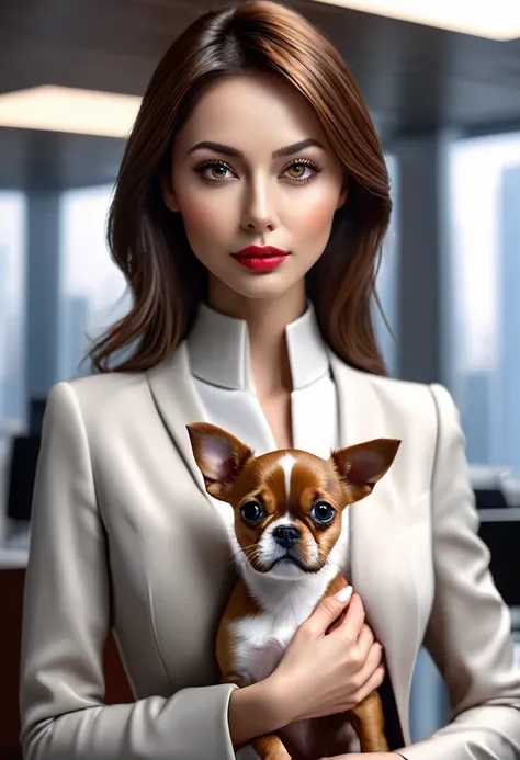 (best quality, 4k, 8k, highres, masterpiece:1.2), ultra-detailed, (realistic, photorealistic, photo-realistic:1.37), office in a skyscraper in a big city, female cyborg, beautiful detailed eyes, beautiful detailed lips, beautiful detailed face, extremely d...