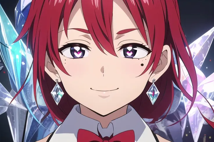 streaked hair, white hair, red hair, hair bow, mole under eye, heart-shaped pupils, crazy eyes, furrowed brow, empty eyes, crystal earrings, light smile