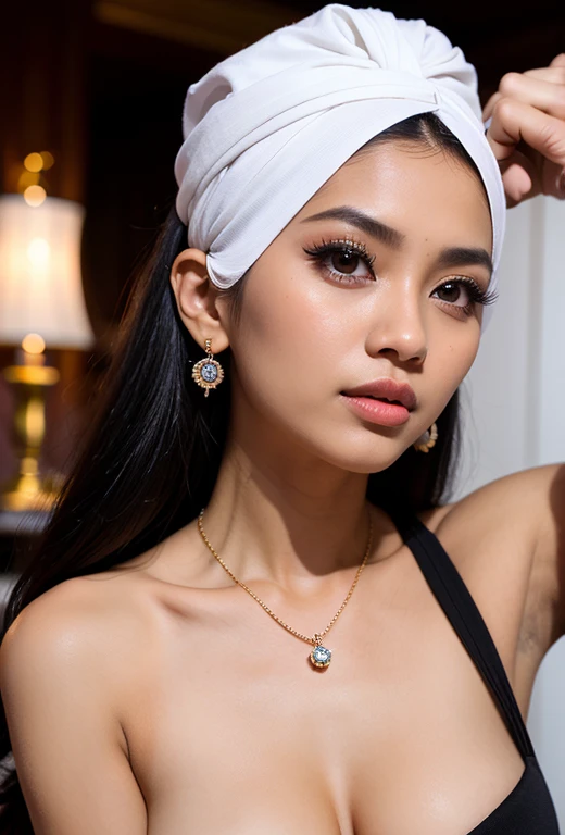 Wanita seksi berdada besar tersenyum manis ke arah penonton, berbaju putih tembus pandang, rambut hitam terurai, kalung, anting-anting, jam tangan wanita, gambar 32K, resolusi tinggi, real skin texture, 