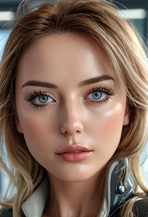 (best quality, 4k, 8k, highres, masterpiece:1.2), ultra-detailed, (realistic, photorealistic, photo-realistic:1.37), office in a skyscraper in a big city, female cyborg, beautiful detailed eyes, beautiful detailed lips, beautiful detailed face, extremely d...