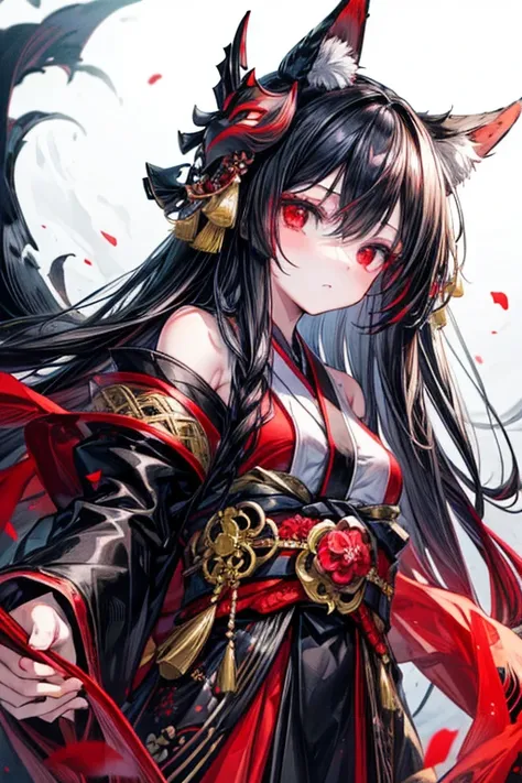 (masterpiece, best quality, perfect face, expressive eyes), 1girl, (anime), long black hair, red gradient hair. red eyes, black gloves, kitsune mask on head, kimono, hair ornament,