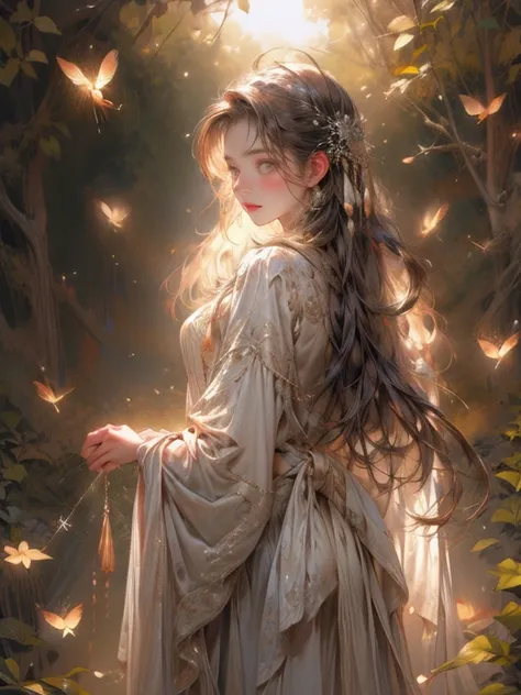 masterpiece:1.2, top quality, 8k, highres, ultra-realistic:1.37, beautiful ultra-detailed:1.2, , Beautiful woman、Standing in a beautiful pose、Night Grassland、Many fireflies fly around:1.3、Fireflies dancing wildly:1.3、Countless fireflies:1.3、