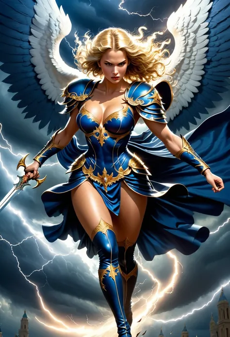 (best quality:1.2,comics art:1.1,vivid colors,victorius scene,beautiful vintage angel warrior woman with very big bulky wings holding one sword,((dark blue dress with gold embroid details)),little breasts, determined face expression,(((corpo de frente para...