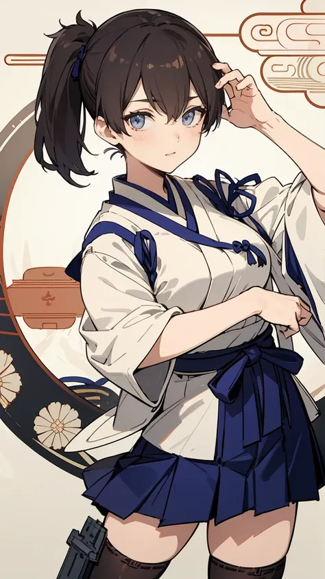 (masterpiece, highest quality) detailed, kaga (kancolle), {{kaga kai ni (kancolle)}}, side ponytail, brown eyes, black long hair...