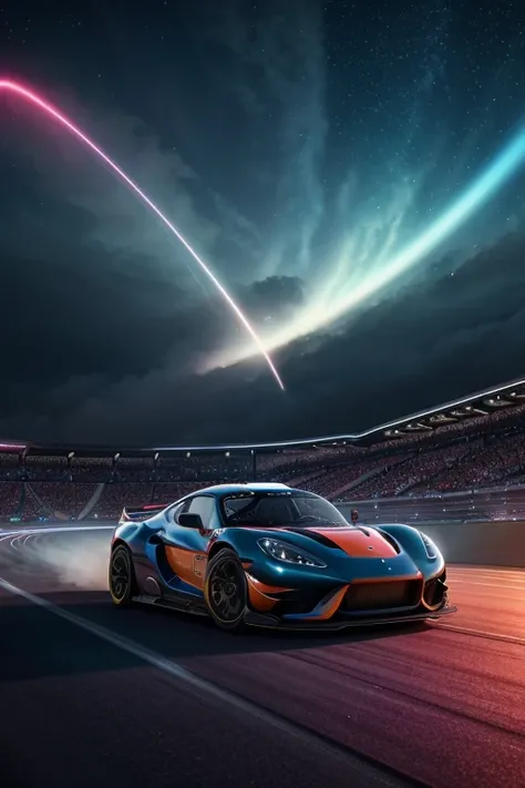 "Image of a spectacular car racing track, where the thrill of speed merges with the grandeur of the cosmos. On the track, fast and elegant racing cars compete at high speed, leaving trails of fire and smoke in the air. The skilled drivers They fight for fi...