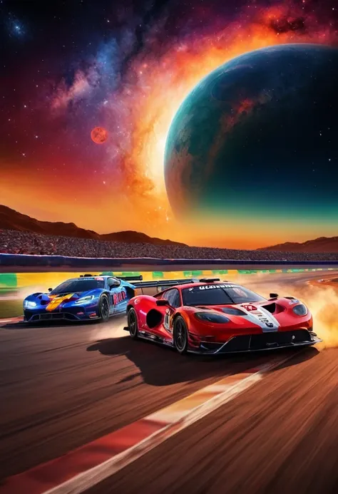 "Image of a spectacular car racing track, where the thrill of speed merges with the grandeur of the cosmos. On the track, fast and elegant racing cars compete at high speed, leaving trails of fire and smoke in the air. The skilled drivers They fight for fi...