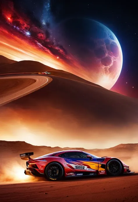 "Image of a spectacular car racing track, where the thrill of speed merges with the grandeur of the cosmos. On the track, fast and elegant racing cars compete at high speed, leaving trails of fire and smoke in the air. The skilled drivers They fight for fi...