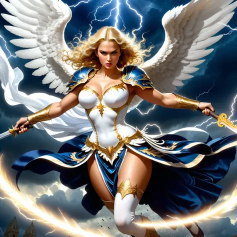 (best quality:1.2,comics art:1.1,vivid colors,victorius scene,beautiful vintage angel warrior woman with very big bulky white wings, WIELDING one sword,((dark blue dress with gold embroid details)),little breasts, determined face expression,(((corpo de fre...