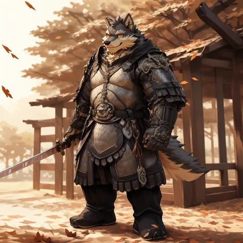 New Jersey 5 Furry，Wolf，Full body portrait，Exquisite，Robust， Thick arms，Rugged muscles，Gray plush fur，Orange Eyes，General in armor，In the shade，Wind blows away fallen leaves，Raise your sword，front，Smile，confidence