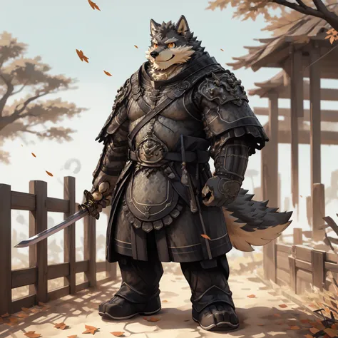 New Jersey 5 Furry，Wolf，Full body portrait，Exquisite，Robust， Thick arms，Rugged muscles，Gray plush fur，Orange Eyes，General in armor，In the shade，Wind blows away fallen leaves，Raise your sword，front，Smile，confidence