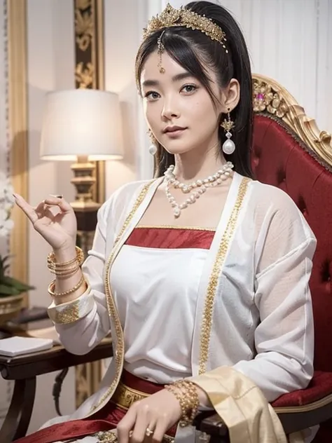 beautiful queen wearing traditional dress with mmtd burmese pattern,wear a pearl necklace and a gold bracelet,beautiful details ...