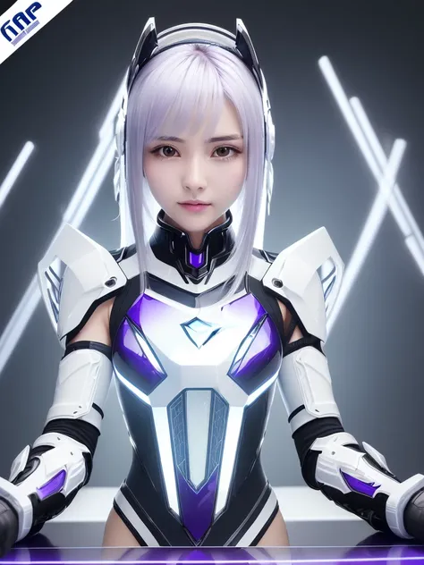 ((On the table)), ((Top quality)), high quality、Ultra-clear, Practical,  Full Color 、A beautiful fighting woman、Machine joint、Machine frame、Thick wire connector、White porcelain mechanical armor、((Curved face))、Expressionless、((Electronic substrate))、purple...