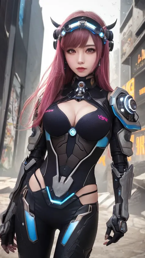 (8k, masterpiece, best quality), Super detailed, Delicate and beautiful round eyes, Facial details are exquisite, high quality, high resolution, Cyberpunk girl with headdress, Big Breasts, Mecha, Ruins Background, Straight bangs, Colorful poses