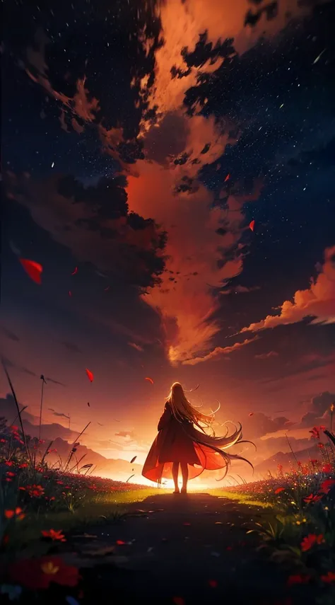 １people々々々,Blonde long-haired woman，Red long coat， Dress Silhouette， Rear View，Space Sky, Flower Field，Colorful flowers