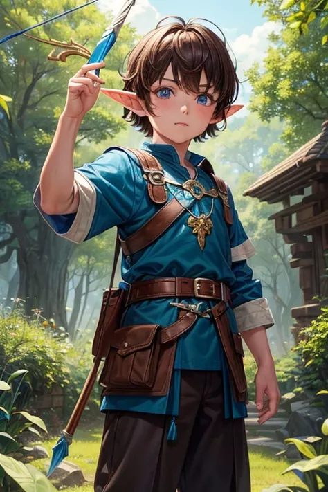 5 year old elf boy with short brown hair, peinado desorenado corto con un fleco, pointed elf ears medieval archer clothing blue eyes blue color holding a brown bow with a jade-tipped arrow brown shoes brown leather belt jade ornaments in forest background ...