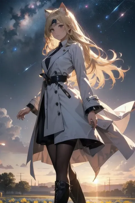 1 female,Cat ear，Blonde long hair， Wide Shot, standing behind, silhouette， Knee-high boots，Long coat,High resolution,cosmic starry sky，Flower Field，(Unbelievably absurd),Anime Visual,Highly detailed CG Unity 8k wallpaper, ((masterpiece)), ((highest quality...