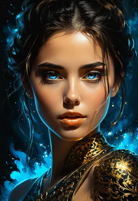 fluorescent horizon,
shadow art, digital illustration, comic book style. draw a portrait, close-up of espa karina with blue eyes...