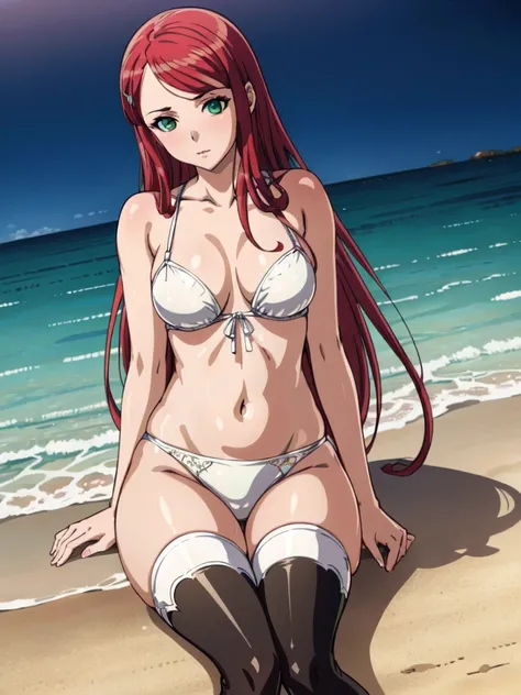 ((ritz malheur, red hair, green eyes)), long hair, thighhighs, shiny skin, white lingerie, glowing light, perfect lighting, masterpiece, high quality, high angle, beach, intricate, anime style, sitting