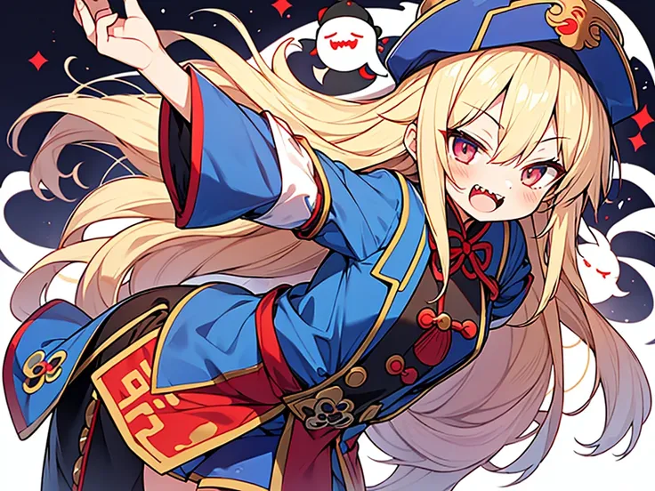 Kiniro mosaic style,1 girl,Russian beautiful girl wearing ((Jiangshi costume and hat)),long blonde hair,Chinese monster,taoist vampire,laughter,sharp teeth,ghost, soul,