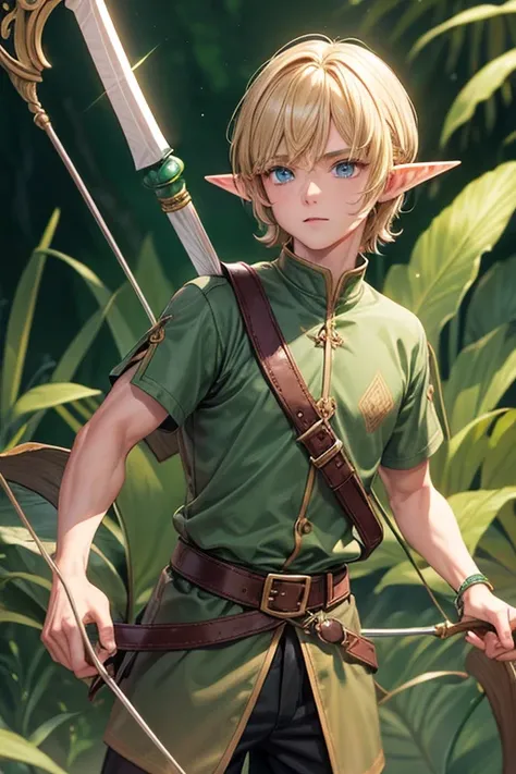 30 year old elf man with short blonde brown hair, peinado desorenado corto con un fleco, pointed elf ears medieval archer clothing green color blue eyes holding a brown bow with a jade-tipped arrow brown shoes brown leather belt jade ornaments in forest ba...