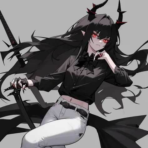 A girl with long black spikey hair with two black horns and she is wearing a black shirt with black bowtie and she is wearing a white jeans and her left arm is a black hand with long sharp nails and her right arm is a sword 