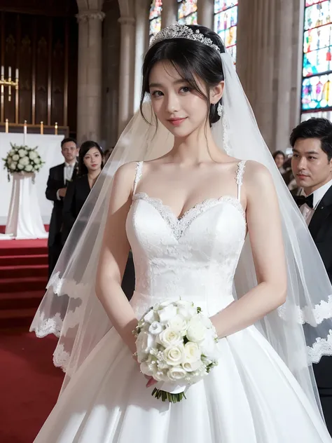 miss((20 years old)), hair((Black)), Eye((smart Eye, Black)), clothing((White lace, 白色Wedding dress, Wedding dress)), hair bun, Headdress, veil, bouquet, huge , Large Breasts, Smile, Korean makeup, Heavy makeup, white church, Church Wedding,