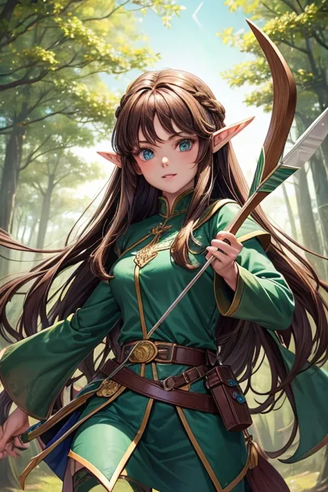 30 year old elf woman with long brown hair, peinado desorenado largo con un fleco, pointed elf ears medieval archer clothing blue green eyes holding a brown bow with a jade-tipped arrow brown shoes brown leather belt jade ornaments in forest background wit...