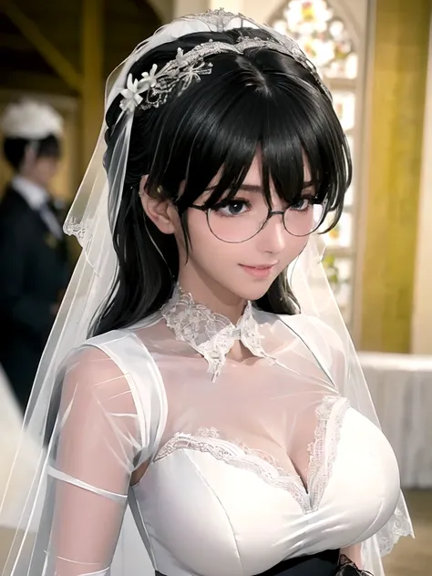 miss((20 years old)), hair((Black)), Eye((smart Eye, Black)), clothing((White lace, 白色Wedding dress, Wedding dress)), hair bun, Headdress, veil, bouquet, huge , Large Breasts, Smile, Korean makeup, Heavy makeup, white church, Church Wedding,