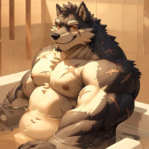 New Jersey 5 Furry，Wolf，portrait，Exquisite，Robust， Thick arms，Rugged muscles，Topless，Gray plush fur，Orange Eyes，bathhouse,General，Scars on the body，Bath，Relax，Smile