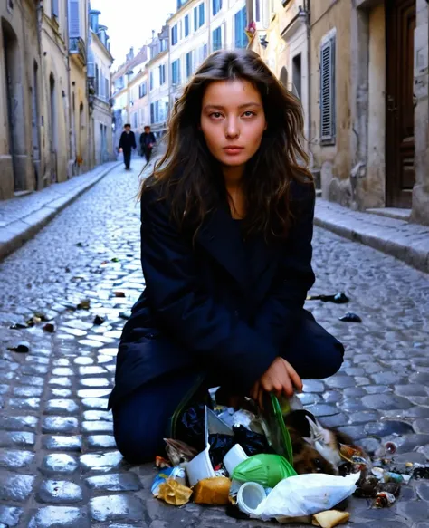 dans la basse ville, narrow streets, dark and cobbled, littered with trash, des rats, des chats noirs, une femme, 23 ans, brune, cheveux longs, frightened face, yeux marrons, peau blanche, marche, cours, fuie son destin,  chef-d&#39;photorealistic work, re...