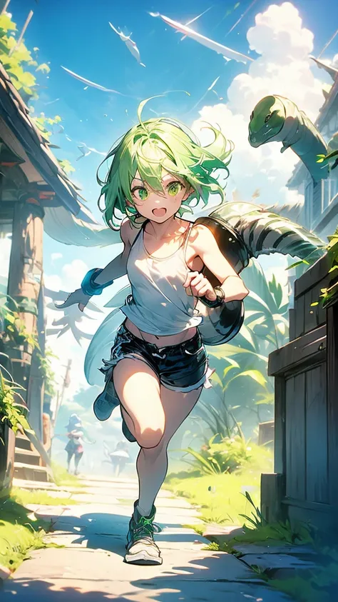 Fantasy World、Ajin、Goblins、girl、light green skin、Silver Hair、Shortcuts、White tank top、Shorts、Depiction of the upper body、Running through the steppes、high resolution、High definition