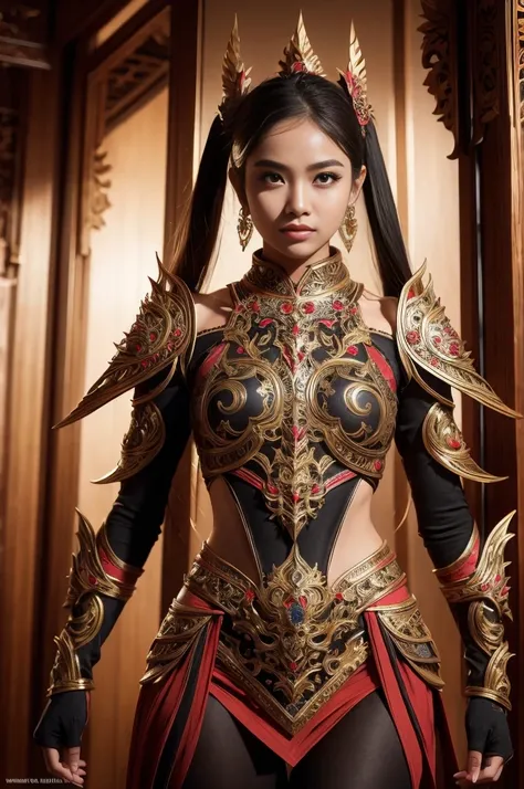 a girl wearing an indonesian-style futuristic outfit，it embodies cultural integration and modern fashion. the suit is decorated ...