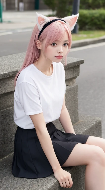 Sitting girl、Pink cat ears headband、Dont wear skirts、Women wearing men&#39;s clothing&#39;Clothes&#39;Large shirt、White open collar shirt、Realistic eyes、Beautiful eyelashes、high resolutionの顔、Wear a knee-length white shirt, nude , Large target , Large targe...