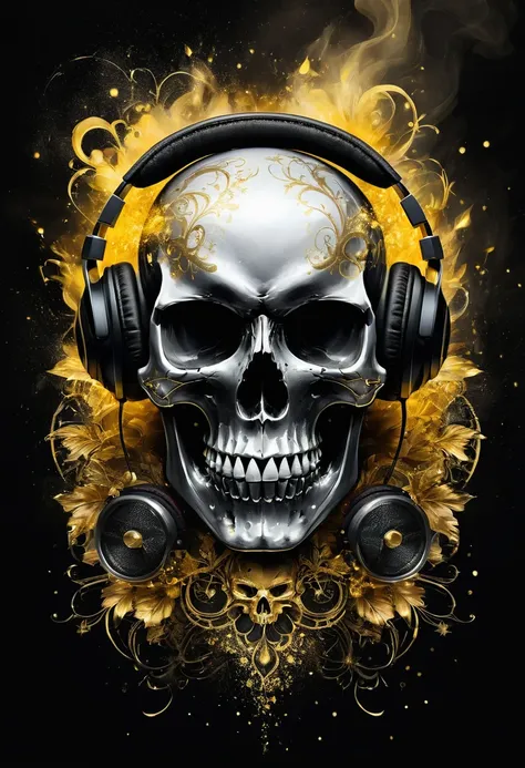 tattoo sketch featuring a skull adorned with bloody headphones in a double exposure style, set against a dark, moody backdrop wi...