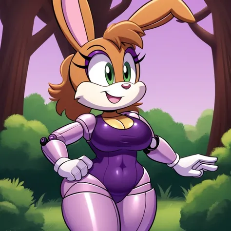 Bunnie Rabbot from Sonic Satam, wearing purple one piece swimsuit, wearing black shorts, brown fur, one robotic leg, thick thighs, beautiful limbs, walking in the forest, high quality, Dan Haskett Character Design style,